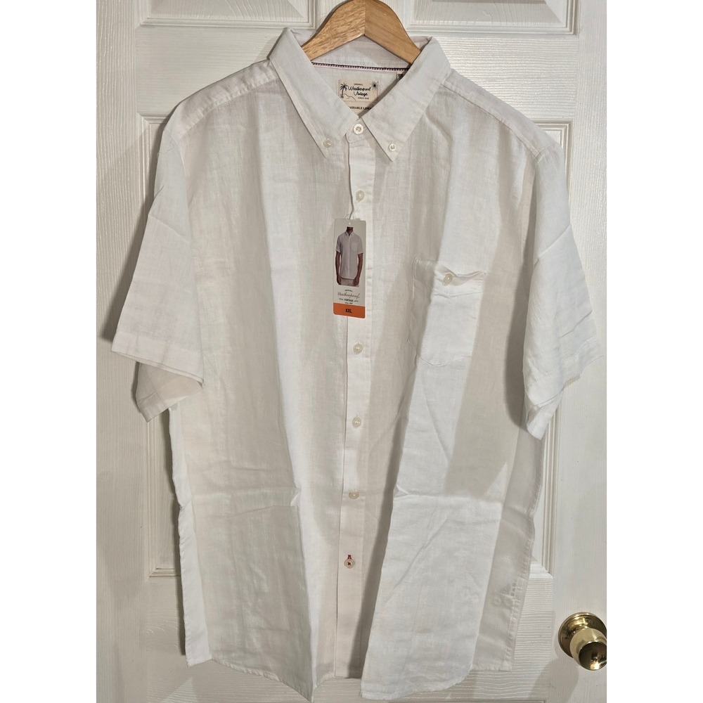 Weatherproof Vintage Mens XXL White Linen Blend Short Sleeve Button Down Shirt